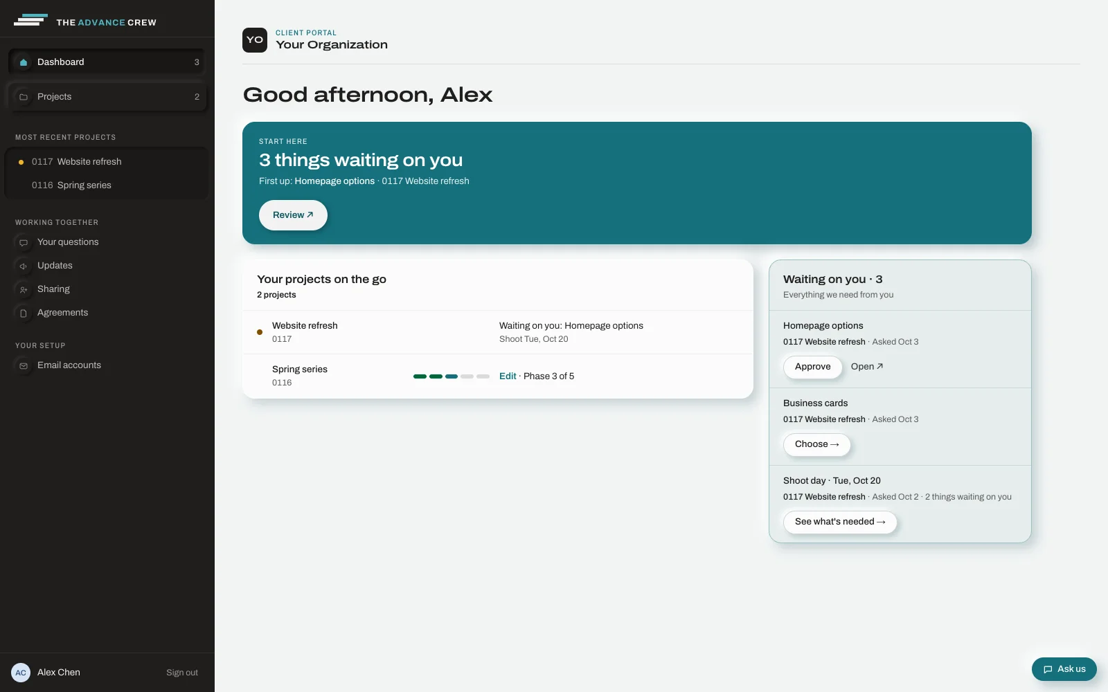 A client portal dashboard showing the shoot day and what is needed