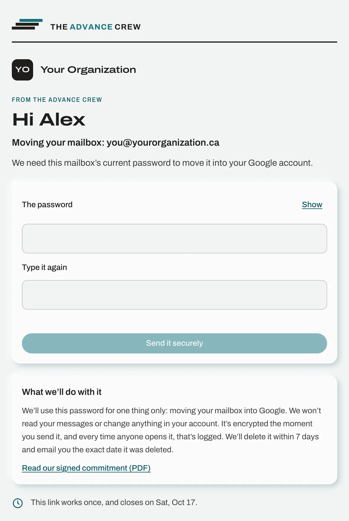 A private page where a client sends a mailbox password once