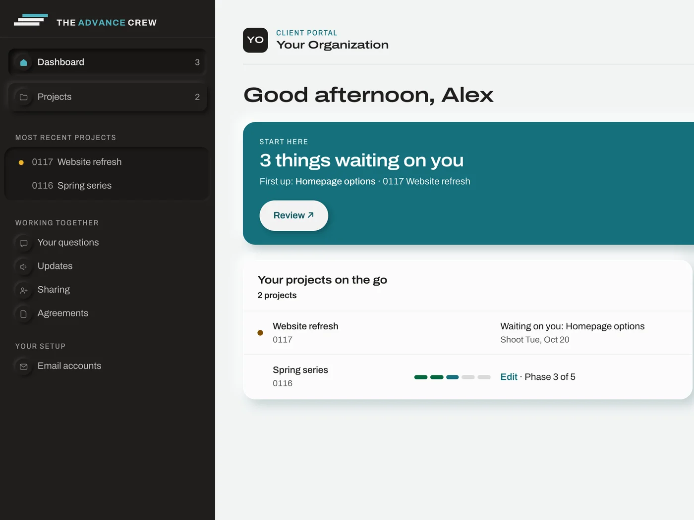 A custom client portal where clients track a project, approve work and ask questions, with sample data